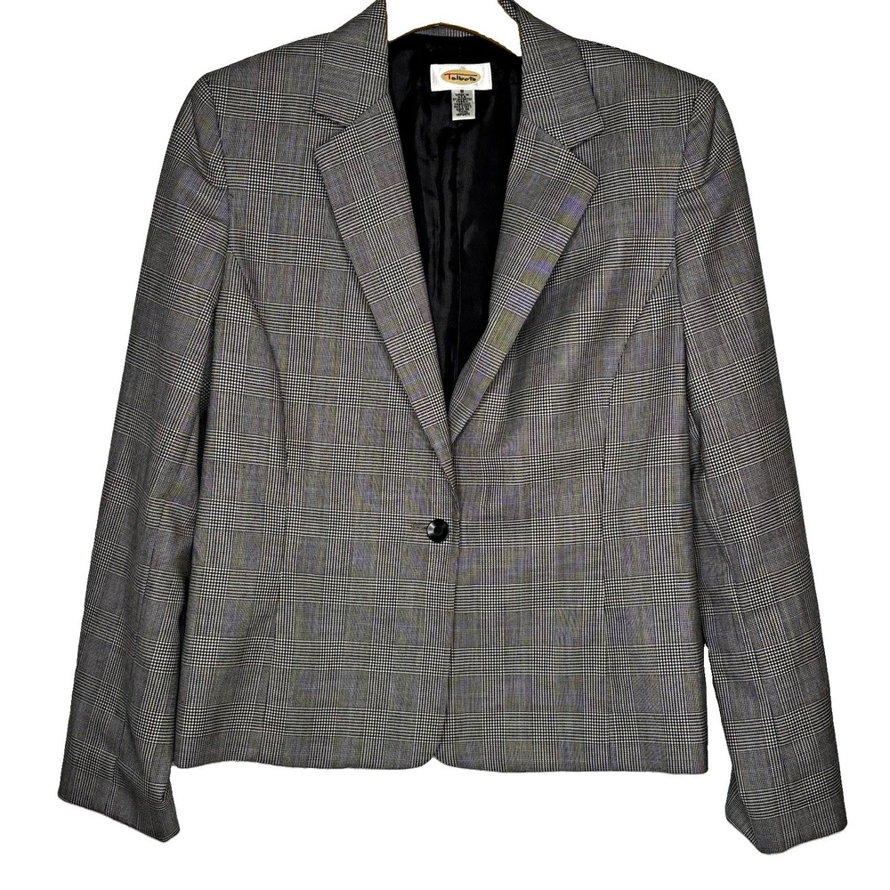 Talbots Blazer Jacket 8 Black Glen Plaid Wool Lined 1-Button USA Classic Prep